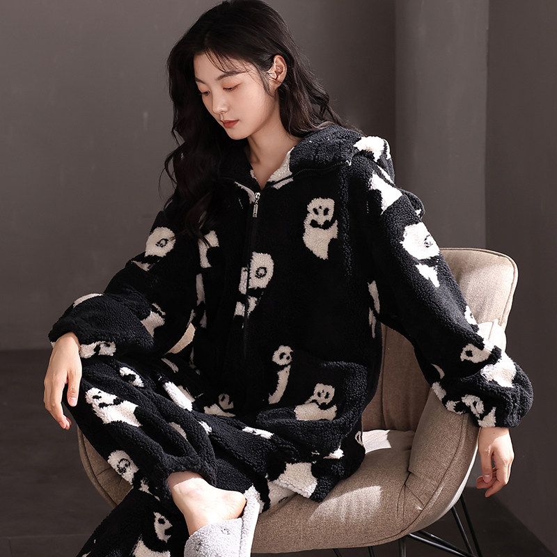 珊瑚绒睡衣女冬季款长袖卡通熊猫开衫法兰绒秋冬天休闲家居服套装