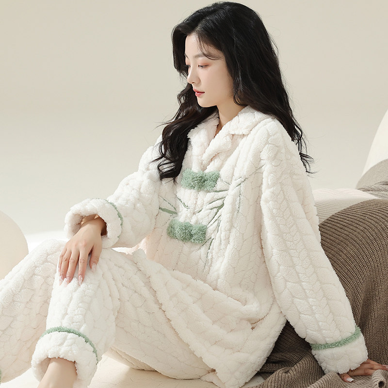 珊瑚绒睡衣女秋冬季加绒衬衫休闲款保暖卡通法兰绒冬天家居服开衫