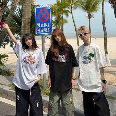 美式街头休闲夏季圆领刺绣短袖