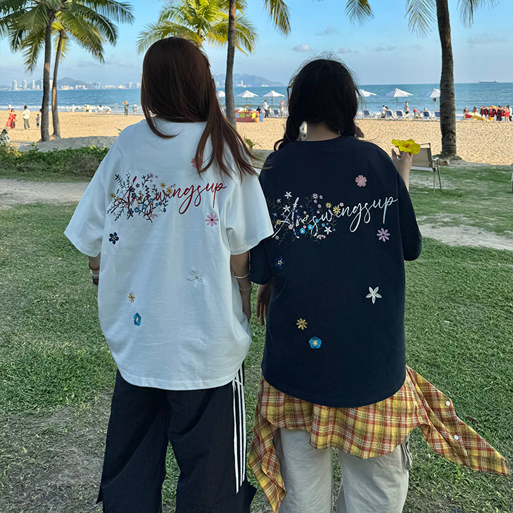 美式复古花卉刺绣短袖T恤