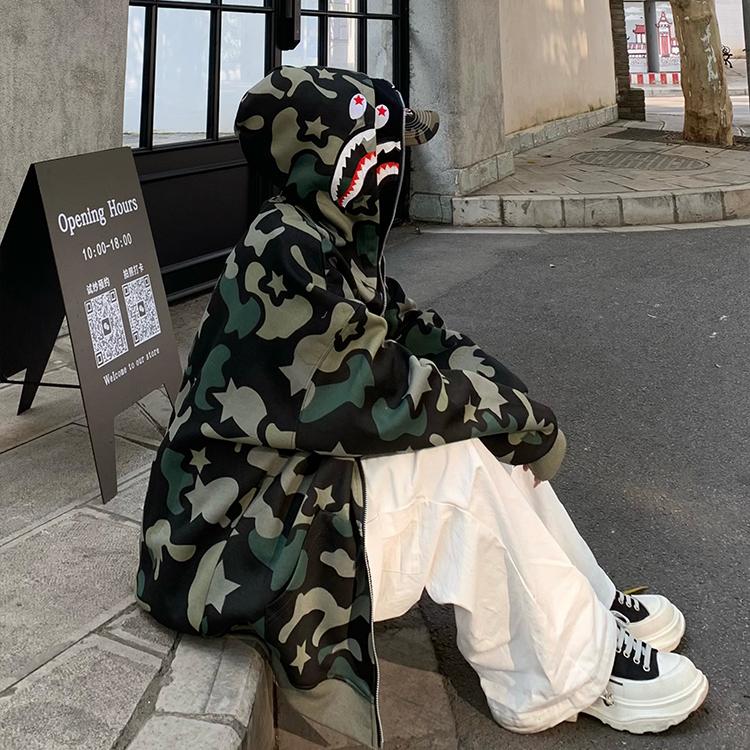 美式复古双帽迷彩连帽卫衣