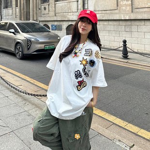 XKSHUO美式复古国潮牌涂鸦卡通短袖T恤男女夏季情侣宽松tee