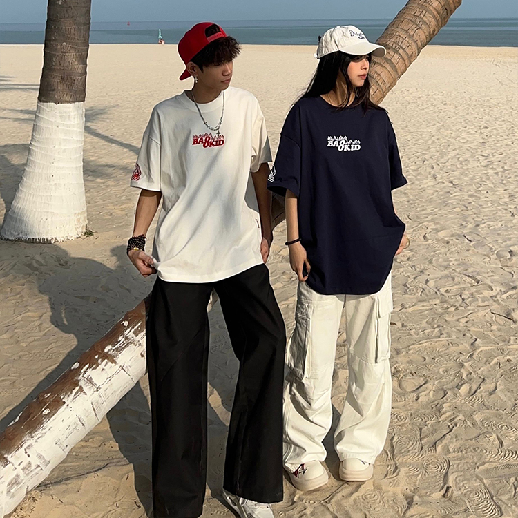 美式复古小火苗刺绣短袖T恤