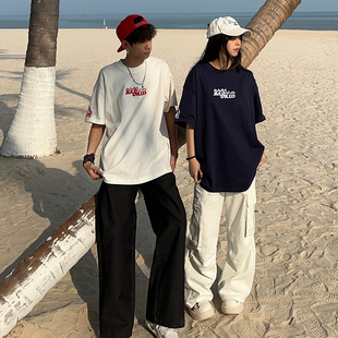 XKSHUO美式复古小火苗刺绣短袖T恤男女潮牌夏季新款宽松情侣上衣