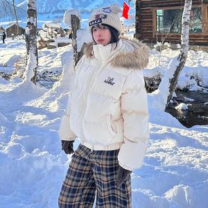 XKSHUO原创刺绣大毛领棉服女2024年冬季新款加厚短款连帽棉衣外套