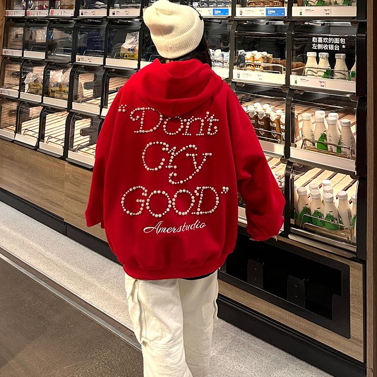 美式钉珠宽松连帽卫衣