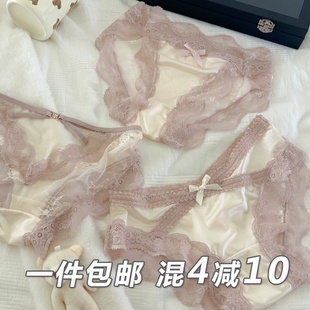 头情调 女生中低腰纯欲系带镂空三角裤 暖肤色法式 缎面蕾丝性感内裤