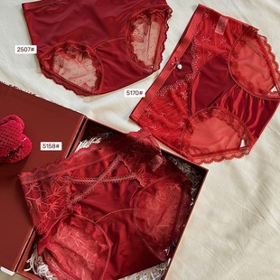 复古本命年红色内裤少女纯欲风绸缎面蕾丝性感法式结婚底裤头马年