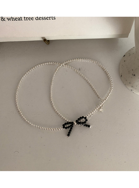 925银撞色黑色蝴蝶结小珠子项链
