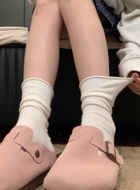 春夏薄款袜子女白色纯棉月子袜长筒新疆棉堆堆袜松口无骨纯色百搭