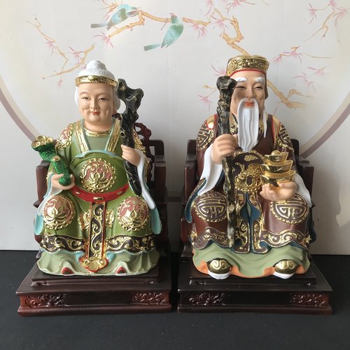 彩绘树脂土地公土地婆佛像摆件