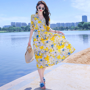 夏季棉绸印花连衣裙女中长款2025韩版新款时尚修身显瘦收腰大摆裙
