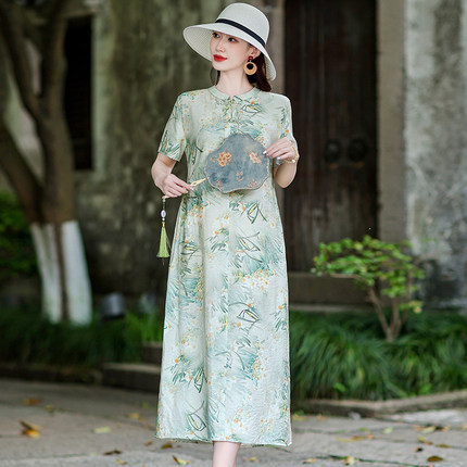 洋气印花纯棉绸连衣裙夏季新款中年妈妈短袖高贵气质国风中长裙子