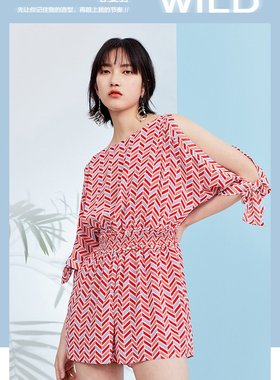 鸟2021夏红色印花连衣裙镂空系带收腰连体短裤女夏镂空AWFB82865