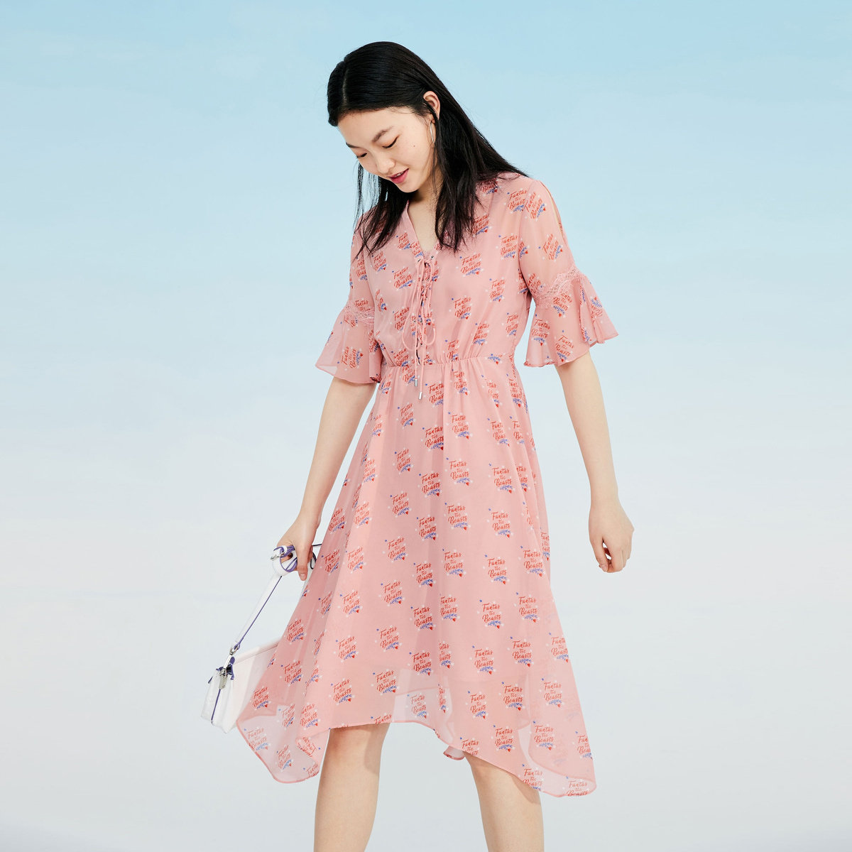 现货2021夏A5FA82304雪纺连衣裙仙女甜美法国小众桔梗裙v领荷叶袖