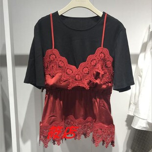 T恤酒红色假两件吊带A1CD8242619 短袖 2019年夏季 A1CD82426女装