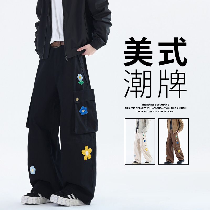 Q美式军绿色刺绣工装裤男女同款褶皱多口袋宽松休闲直筒情侣伞兵，男装休闲裤，奇怪漫猴工厂店