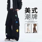 Q美式军绿色刺绣工装裤男女同款褶皱多口袋宽松休闲直筒情侣伞兵，男装休闲裤，奇怪漫猴工厂店