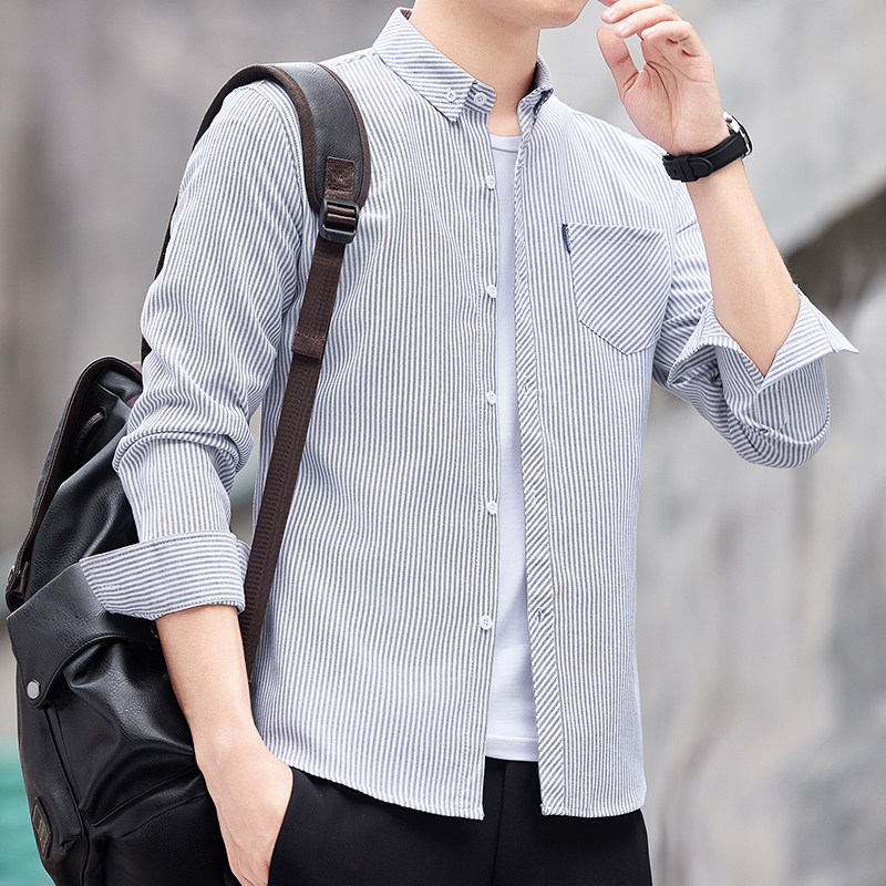 条纹长袖男士衬衫外套上衣服韩版潮流衬衣帅气商务工装休闲，男装衬衫，奇怪漫猴工厂店
