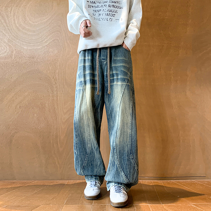 【89】L-9XL美式水波纹分割拼接牛仔裤男秋季新款直筒阔腿长，男装牛仔裤，奇怪漫猴工厂店
