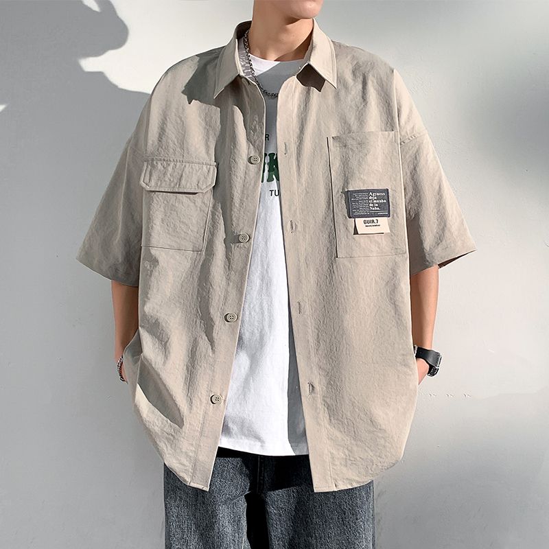 Q夏季短袖凉爽衬衫男韩版宽松帅气休闲潮流外穿衬衣纯色简约外套，男装衬衫，奇怪漫猴工厂店