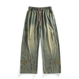 【89】L-9XL美式复古水洗牛仔裤男士秋冬款分割拼接宽松弯刀，男装牛仔裤，奇怪漫猴工厂店