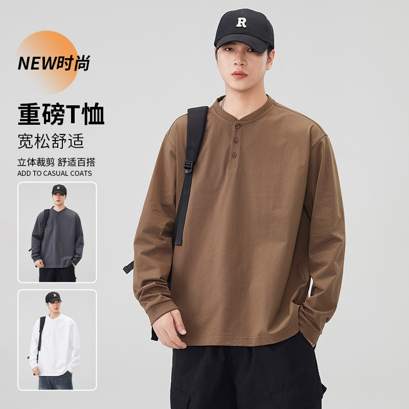 曼巴棉重磅长袖t恤男春秋新款宽松休闲亨利领套头上衣，男装T恤，奇怪漫猴工厂店