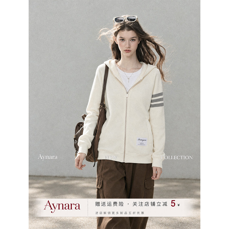 Aynara白色连帽拉链针织开衫女