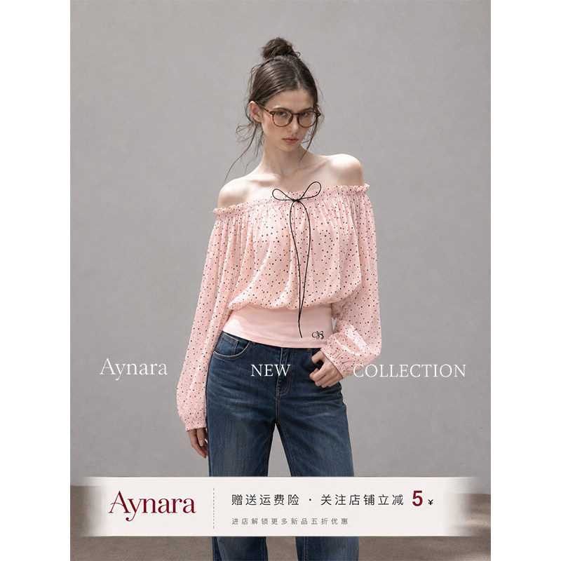 Aynara粉色波点一字肩雪纺T恤