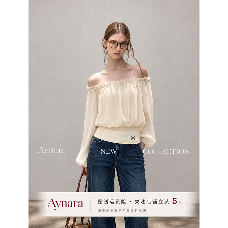Aynara一字肩雪纺长袖T恤收腰