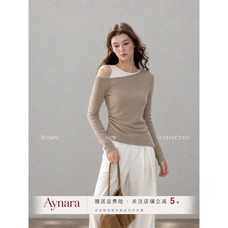 Aynara斜肩露肩假两件T恤女