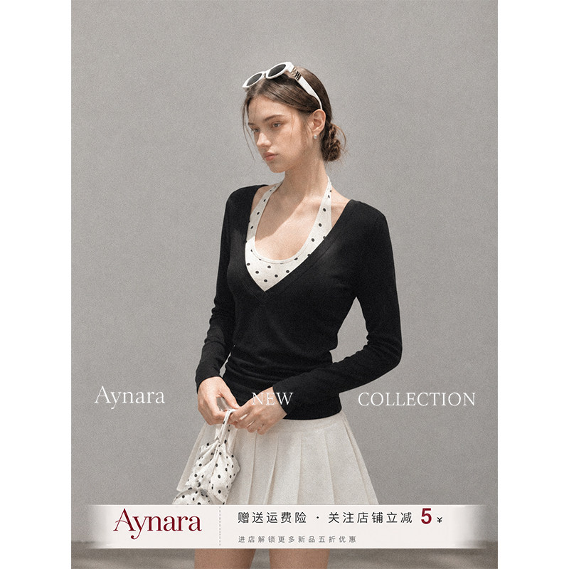 Aynara黑色v领挂脖正肩长袖t恤女秋季波点内搭打底衫修身上衣早秋