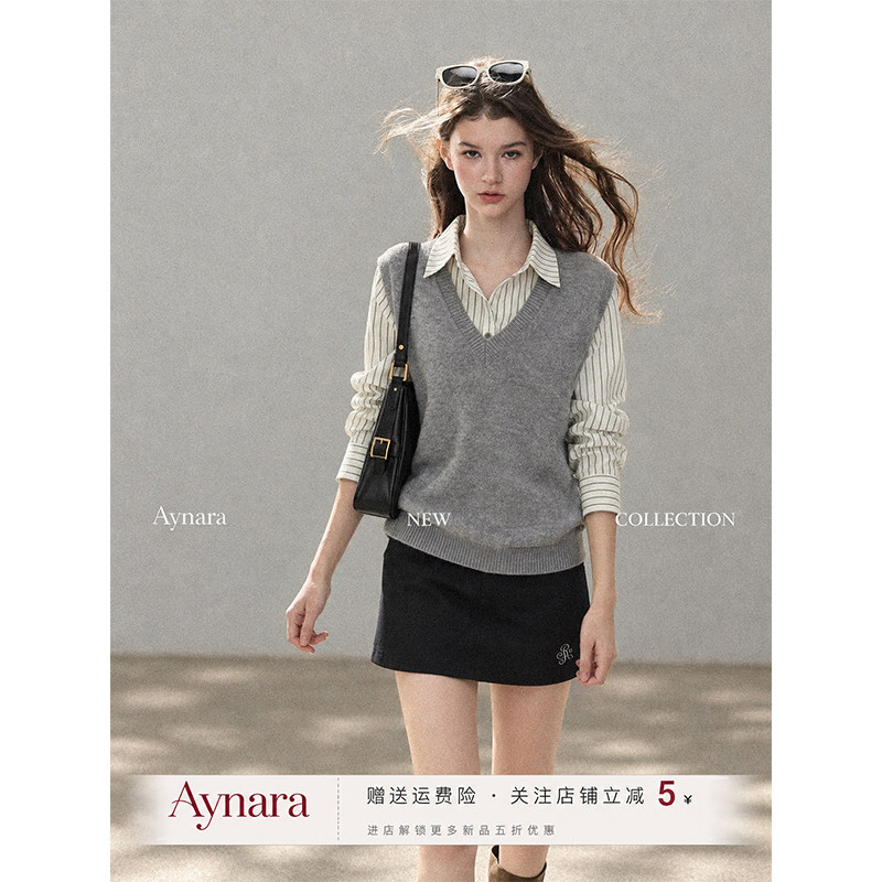 Aynara灰色V领针织马甲女秋冬