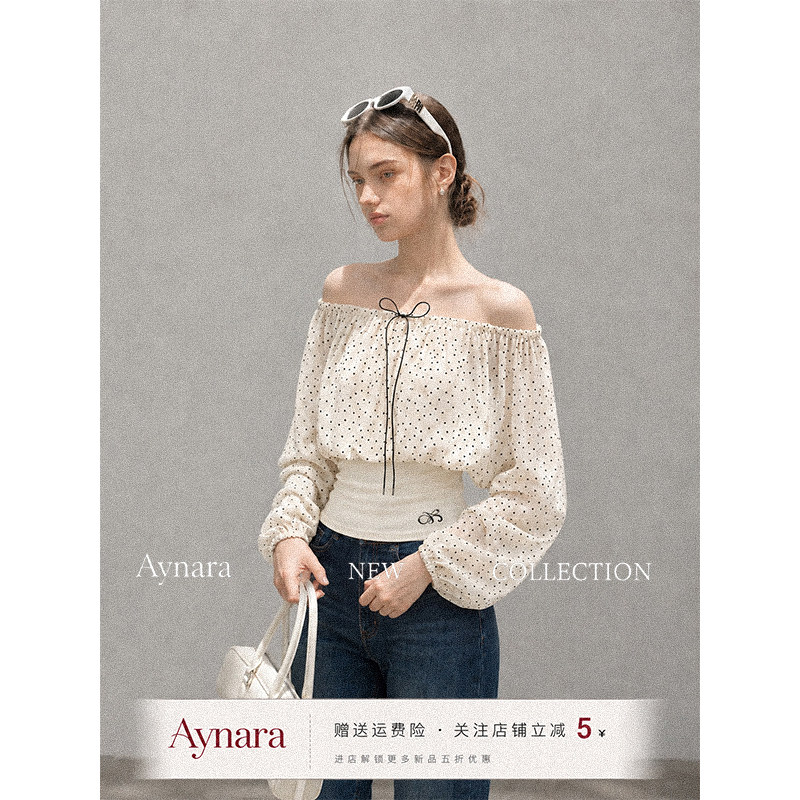 Aynara一字肩波点雪纺T恤修身