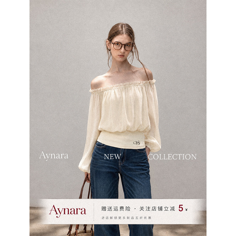 Aynara一字肩雪纺长袖T恤收腰