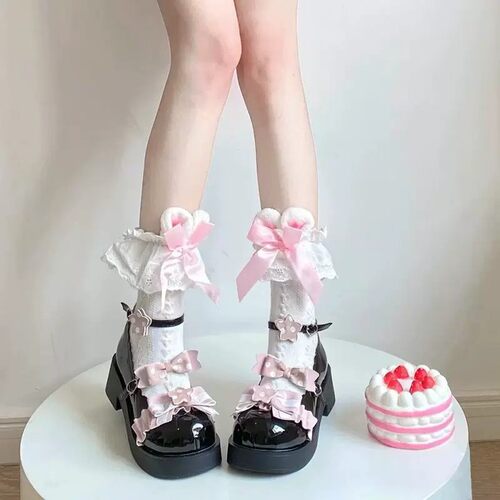 日系可爱洛丽塔兔耳袜子女白色JK花边lolita蝴蝶结小腿中筒袜薄款