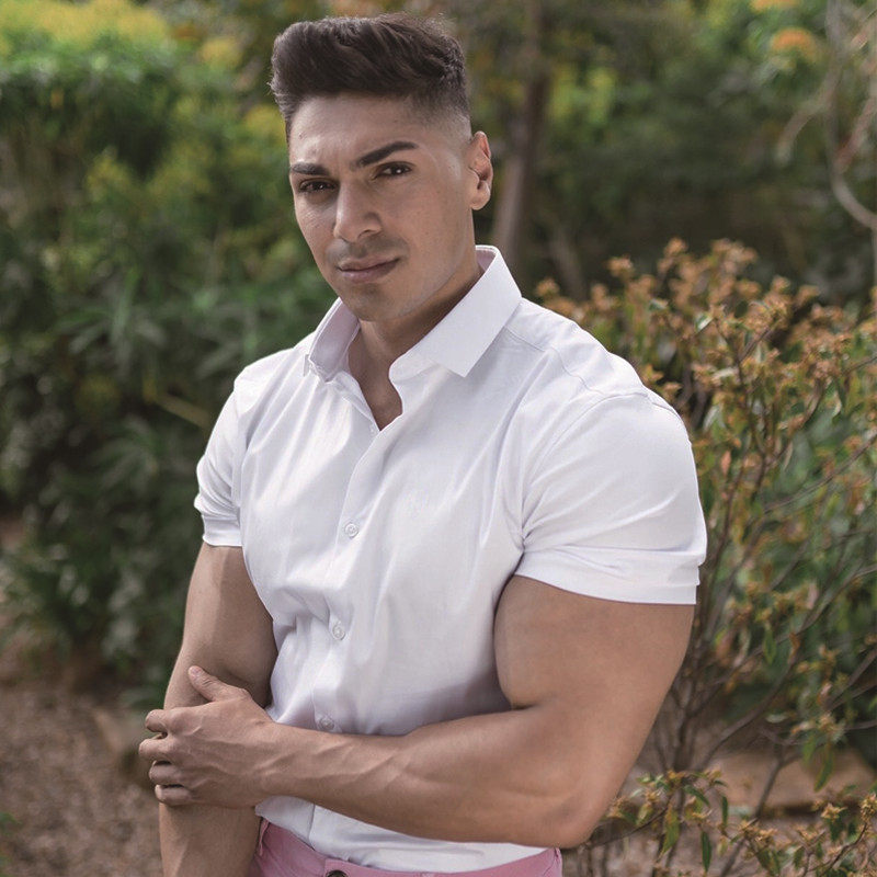 肌肉男士健身衬衫 夏季新款白色短袖衬衣修身 高弹力透气运动衬衫