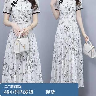 日韩外贸尾货品牌剪标夏新中式中国风改良旗袍妈妈夏装雪纺连衣裙