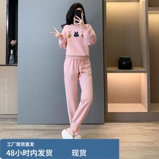 卫衣运动套装女款时尚粉色减龄两件套2025春秋新款圆领休闲跑步服