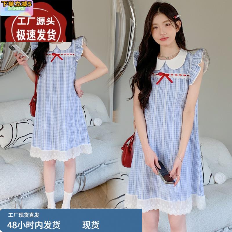 孕妇装2025夏季新款连衣裙休闲百搭飞飞袖宽松格子无袖裙子夏装