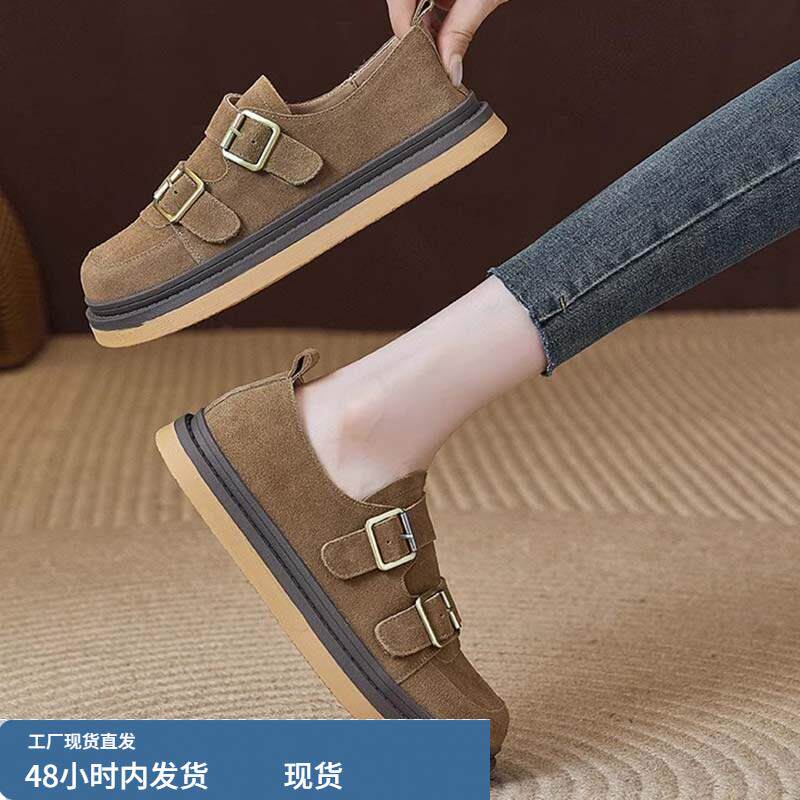 真皮厚底乐福鞋女2024春秋季新款勃肯鞋增高小皮鞋通勤松糕鞋单鞋