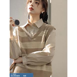 假两件套条纹背心针织品为妇女2025年新的春秋季娇小分层衬衫与内