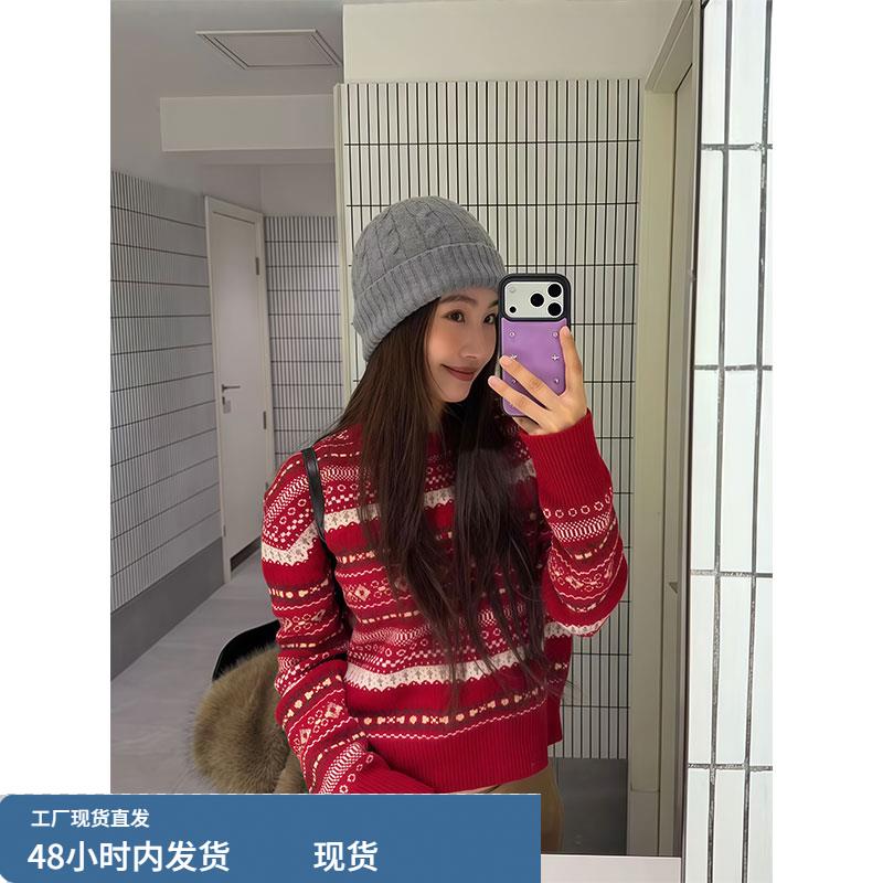 韩系慵懒风撞色圆领针织毛衣女秋冬季新款设计感宽松百搭通勤上衣