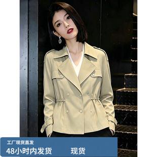 短款风衣外套女双排扣休闲2026年秋装新西装领收腰韩版小个子上衣