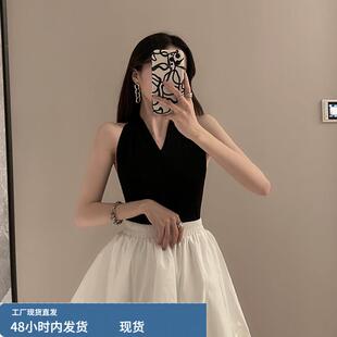 黑色短款无袖吊带小背心春夏女款挂脖上衣性感外穿V领内搭打底衫