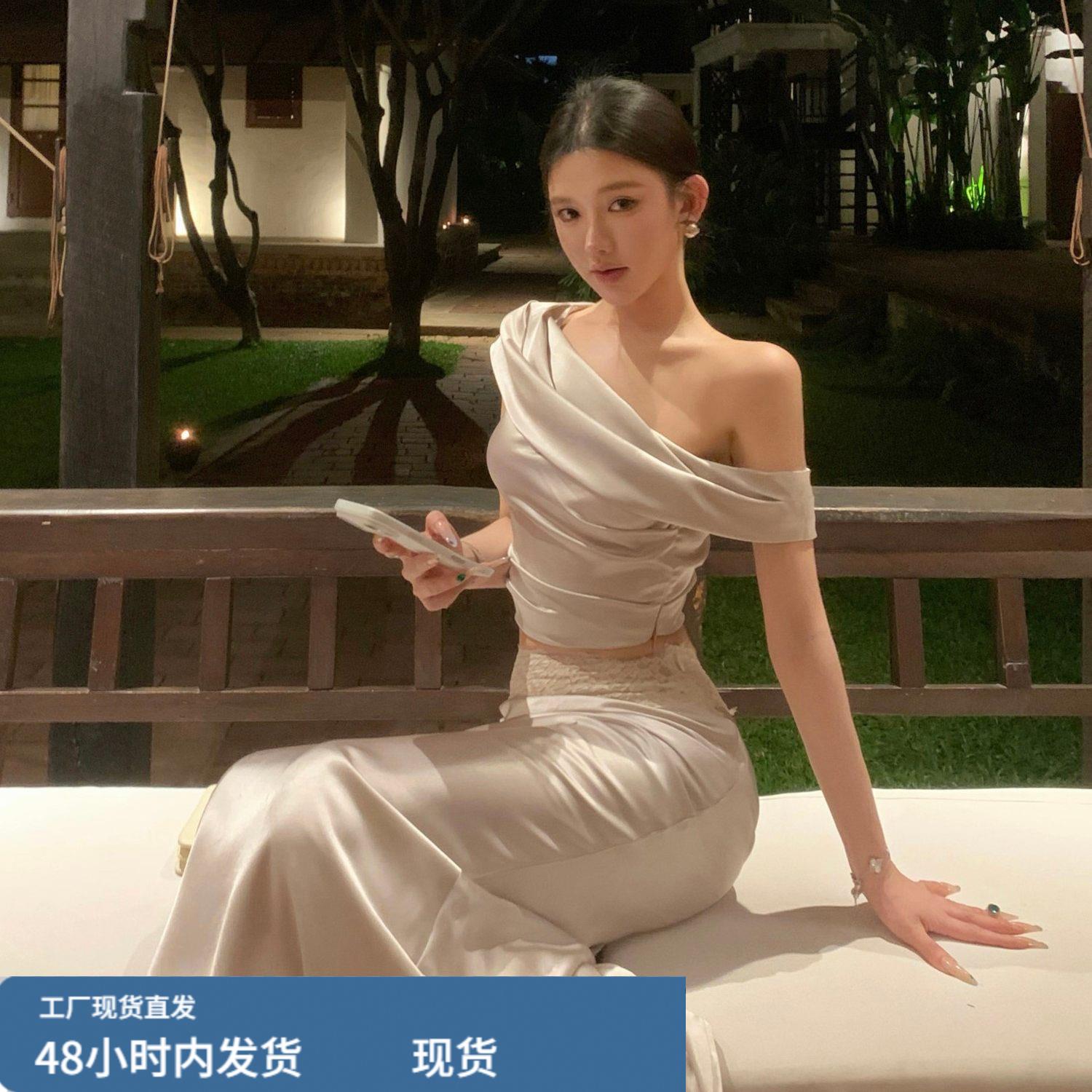 性感斜肩蕾丝上衣缎面半身裙套装女收腰显瘦温柔约会宴会礼服长裙