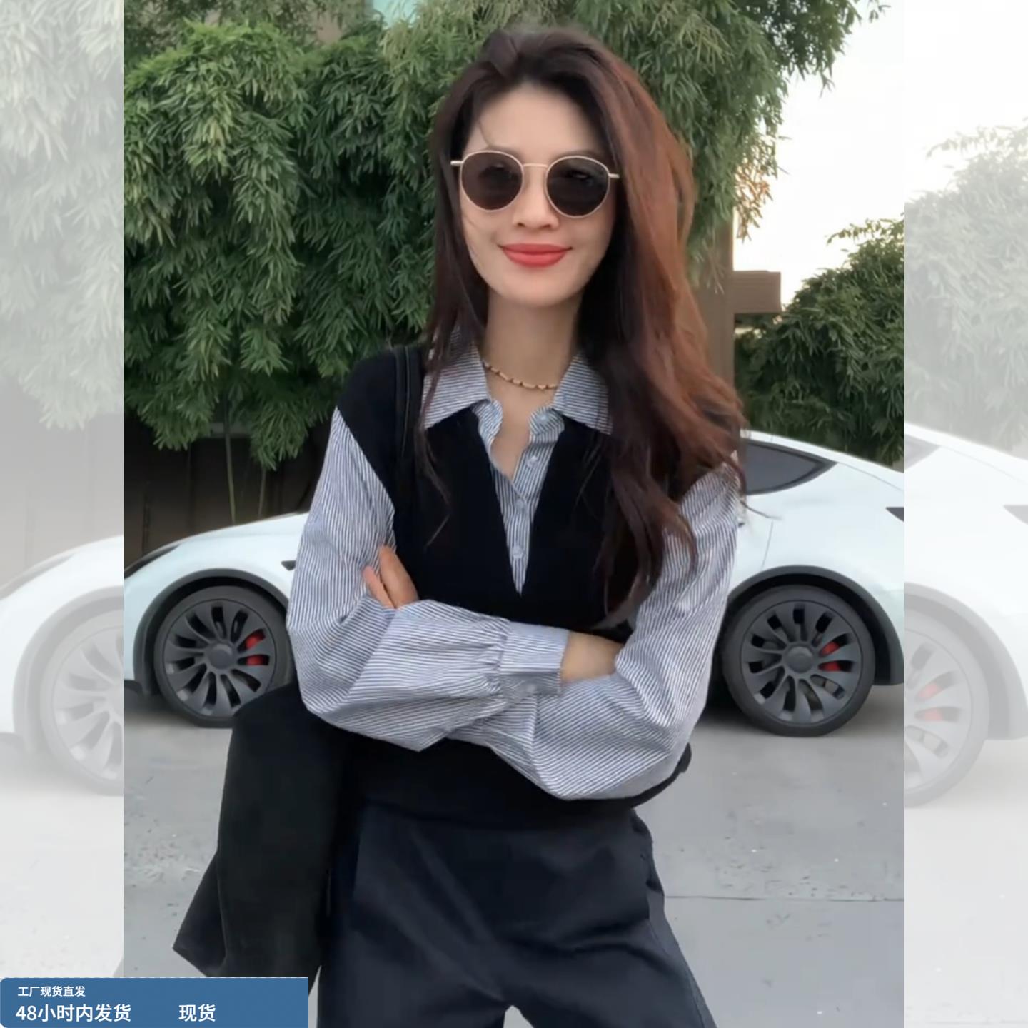 巨好看的早秋季穿搭polo领拼接假两件针织衫女高级感chic别致上衣