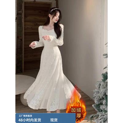 法式巨好看蕾丝连衣裙女2025秋冬新款大码胖mm加绒加厚高级感长裙