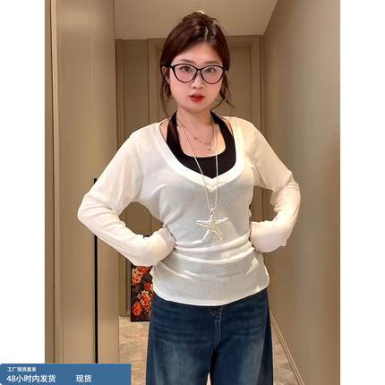 2025年秋季新款设计感系带长袖T恤女装大尺码微胖mm显瘦假两件上