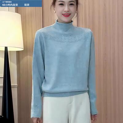 半高领烫钻钩花毛衣女款2025新款秋冬季可外穿内搭打底针织衫上衣